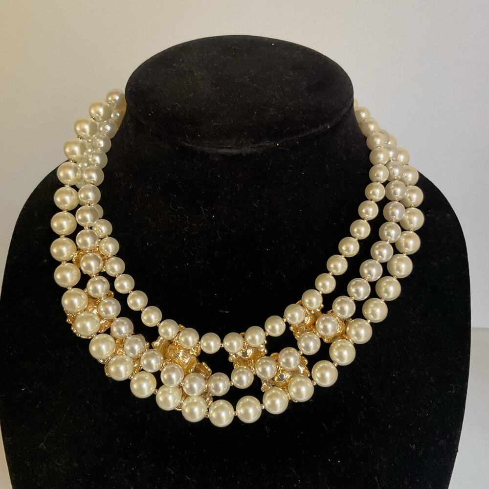 NWT Charter Club Faux Pearl Floral Statement Necklace Gold Tone